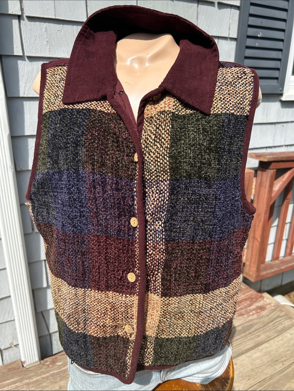 Tantrums Vintage Cotton  Blend Plaid Button-Front Vest in Burgundy size XL NOS